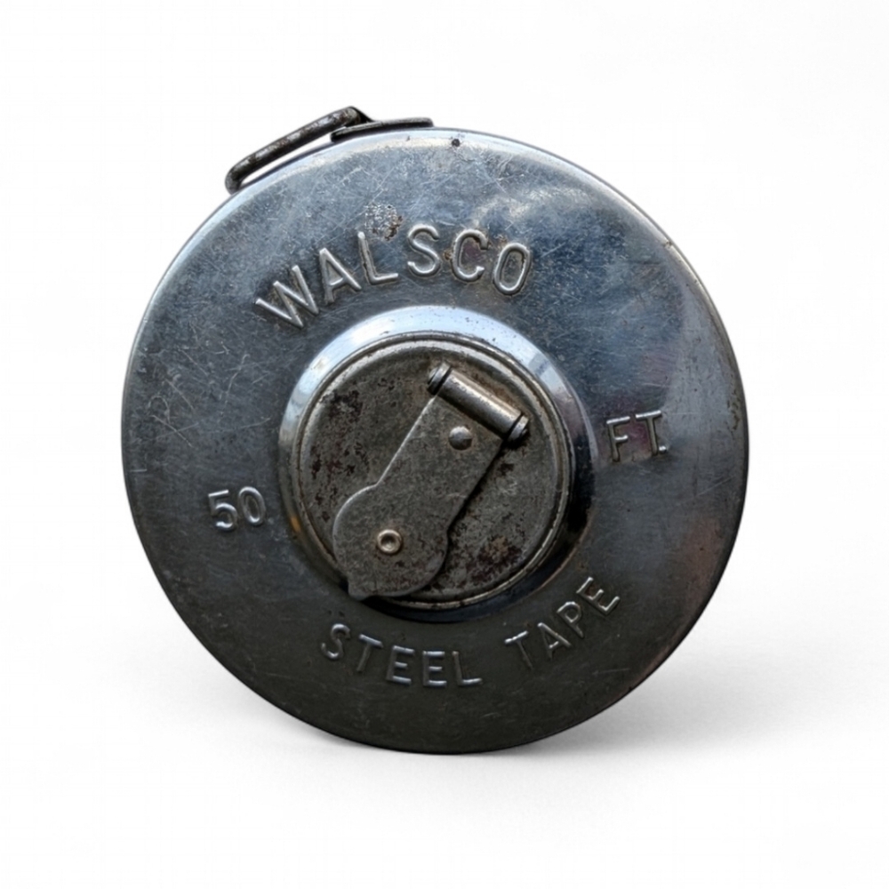 VINTAGE 50Ft Metal Measuring Tape Walsco Tool USA Milford Retro Round Steel Rare